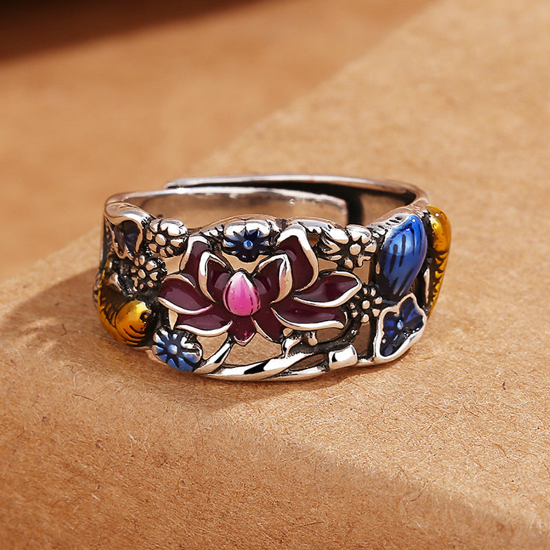 Bague ajustable en cuivre avec motif de poisson koï et porte-bonheur et richesse