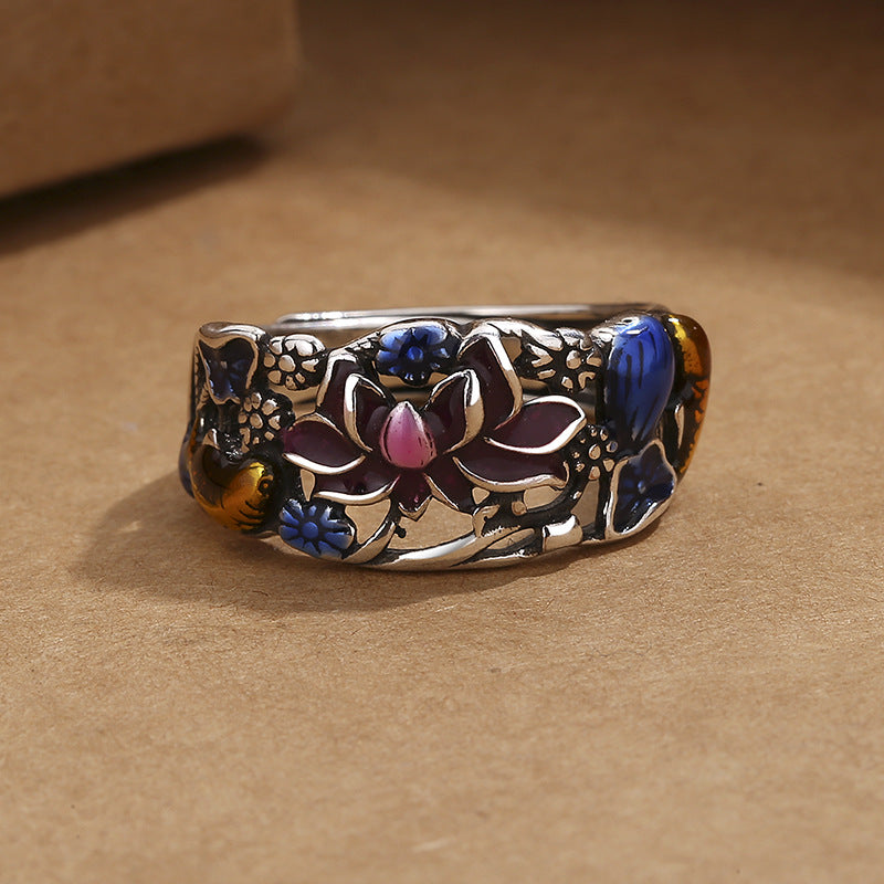Bague ajustable en cuivre avec motif de poisson koï et porte-bonheur et richesse