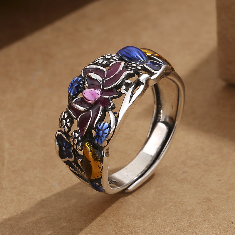 Bague ajustable en cuivre avec motif de poisson koï et porte-bonheur et richesse