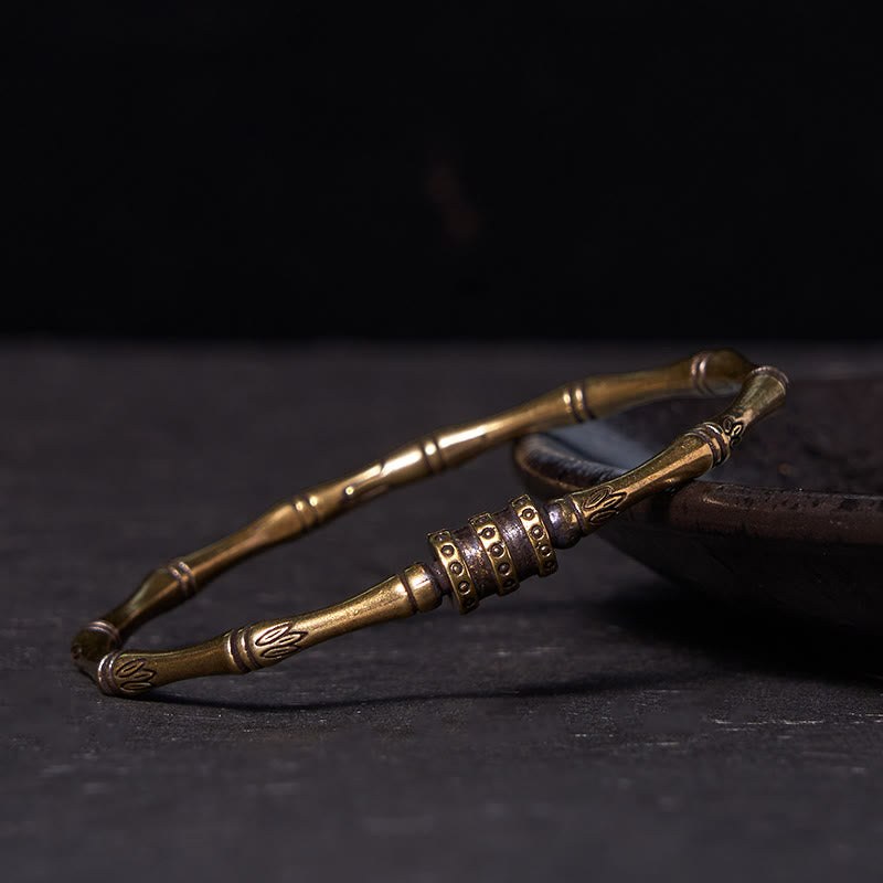 Bracelet jonc réglable en cuivre et bambou, fleur de lotus, pour la paix et la croissance