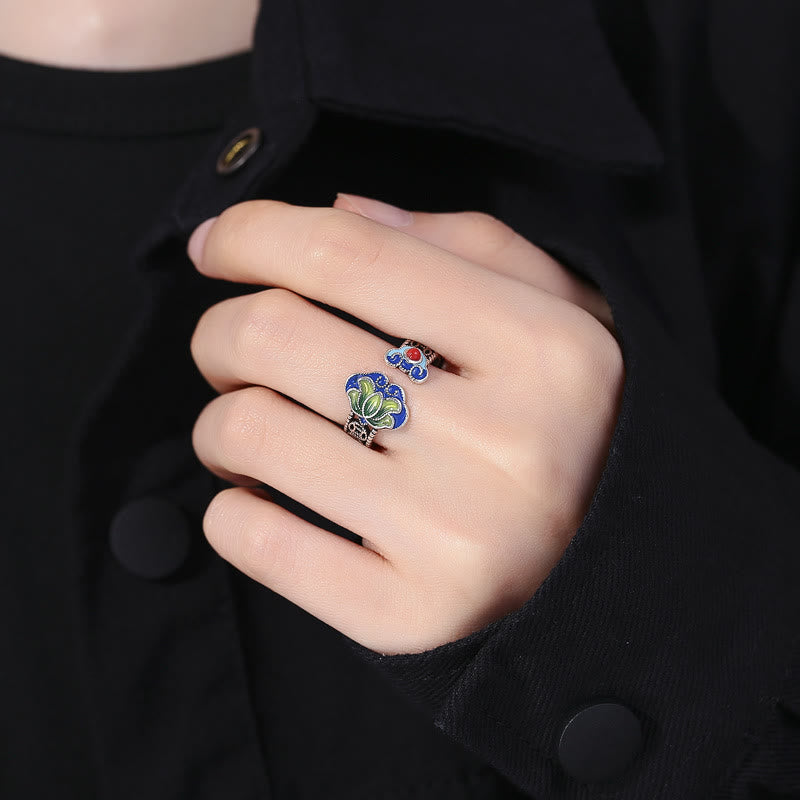 Bague réglable en cuivre avec symbole de fleur de lotus et poignée Ruyi
