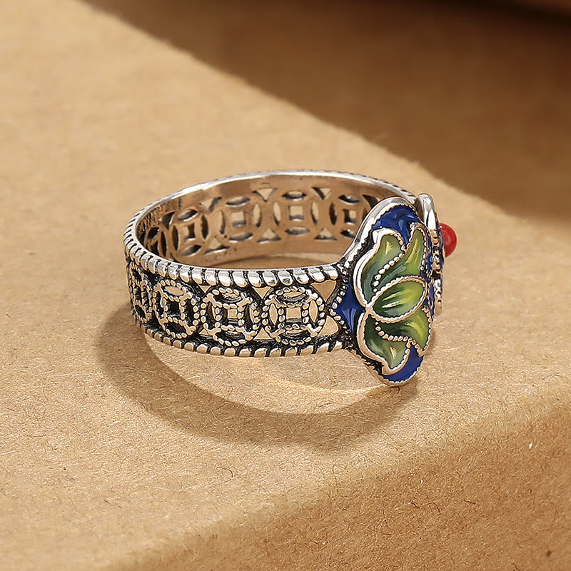 Bague réglable en cuivre avec symbole de fleur de lotus et poignée Ruyi