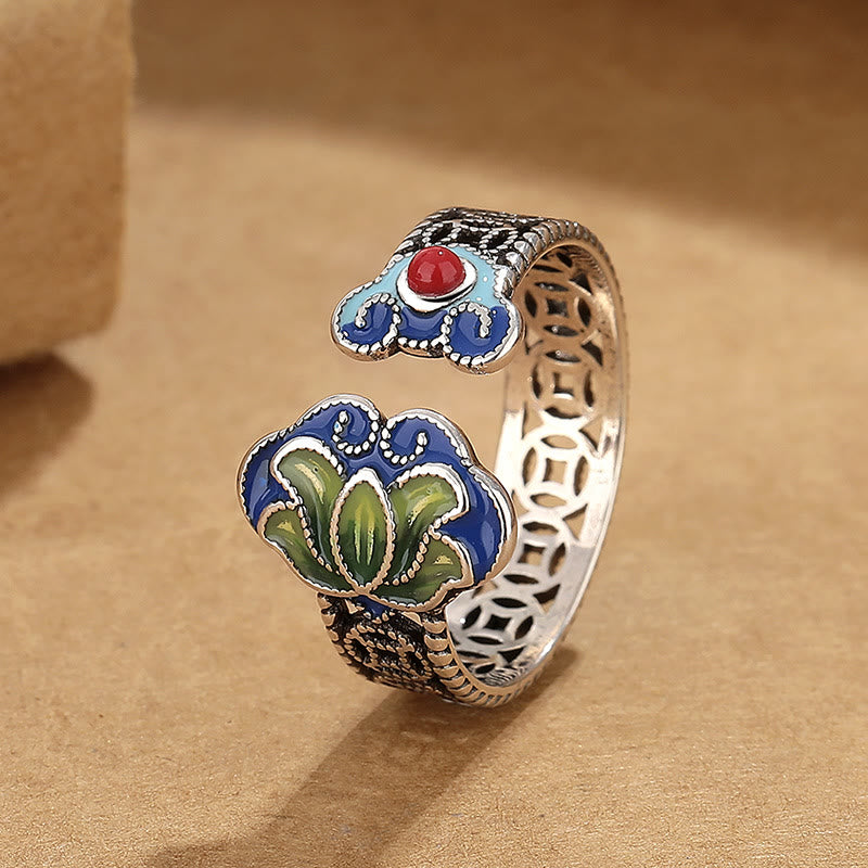 Bague réglable en cuivre avec symbole de fleur de lotus et poignée Ruyi