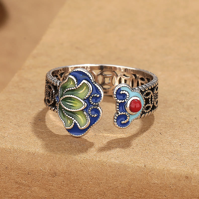 Bague réglable en cuivre avec symbole de fleur de lotus et poignée Ruyi