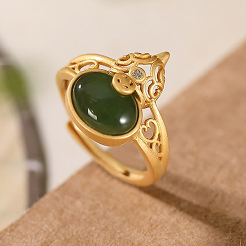 Bague ajustable en jade cyan avec pièce de cuivre et succès et chance