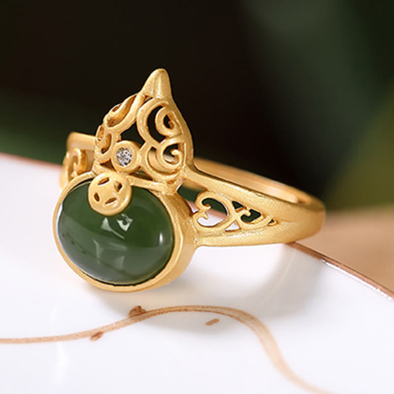 Bague ajustable en jade cyan avec pièce de cuivre et succès et chance