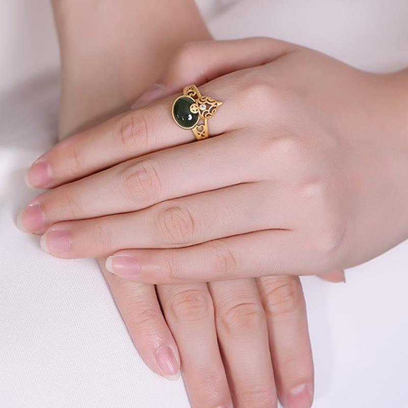 Bague ajustable en jade cyan avec pièce de cuivre et succès et chance