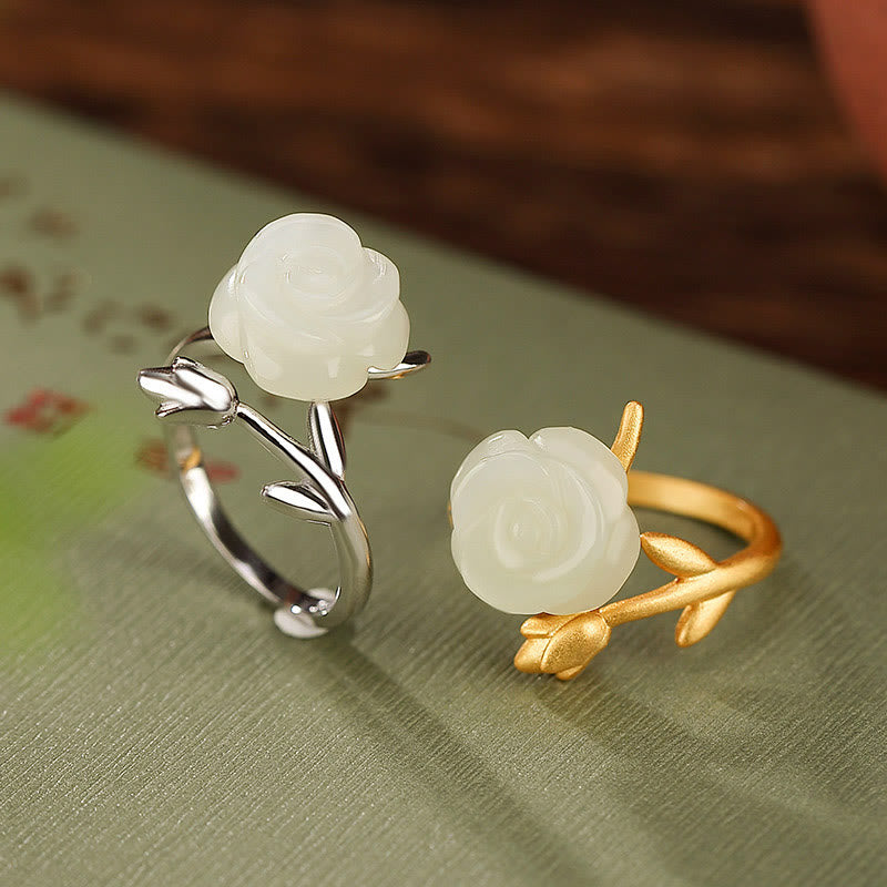Bague réglable en argent 925 plaqué or avec fleur de jade blanc
