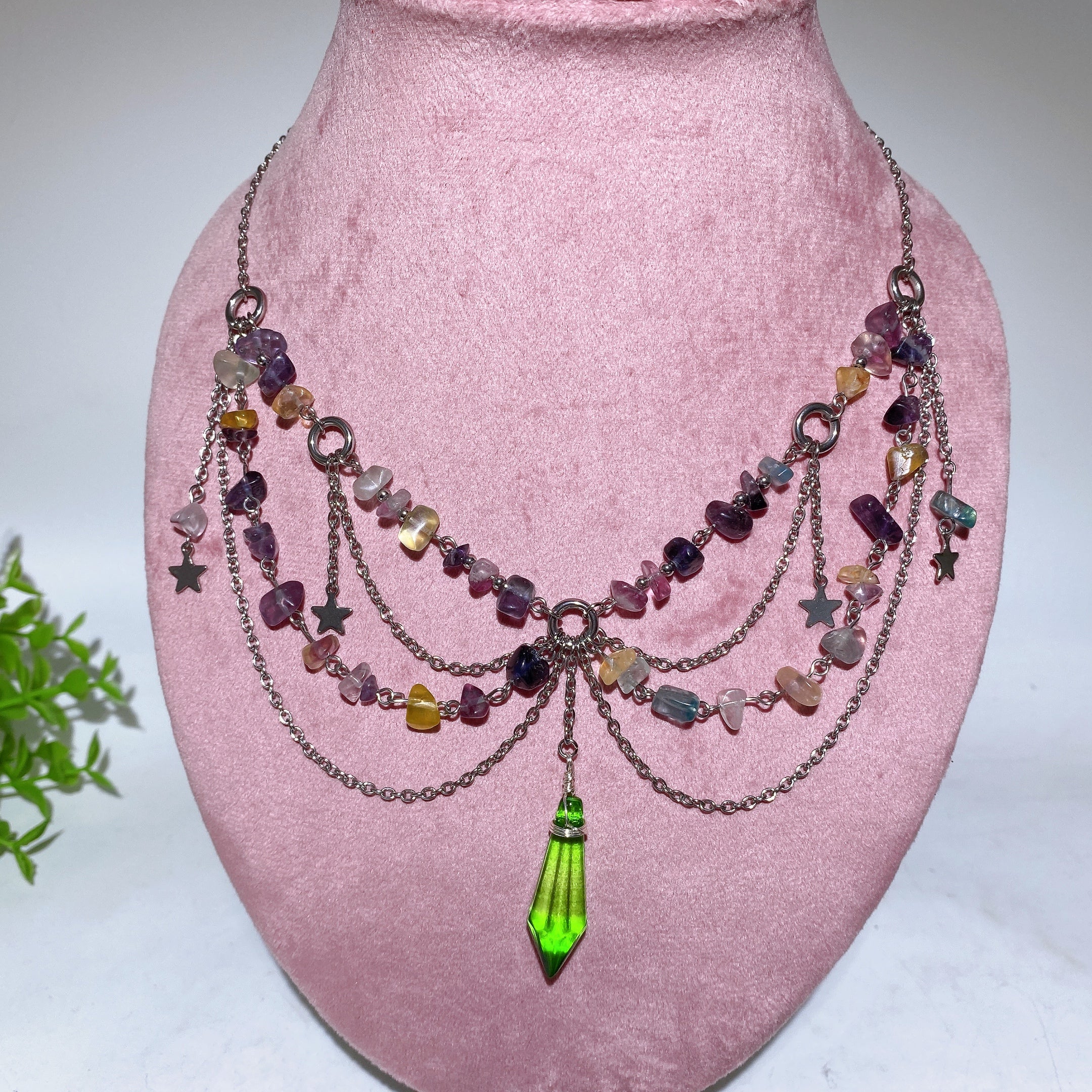Adjustable Healing Crystal Necklace with Fluorite and Amethyst Pendant