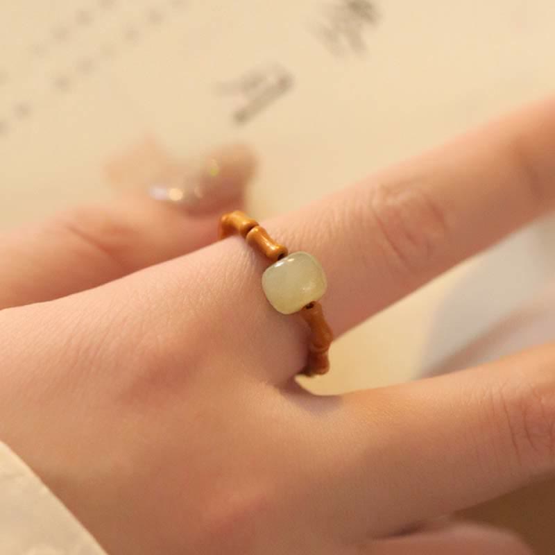 Bague porte-bonheur ajustable en jade Hetian et bambou