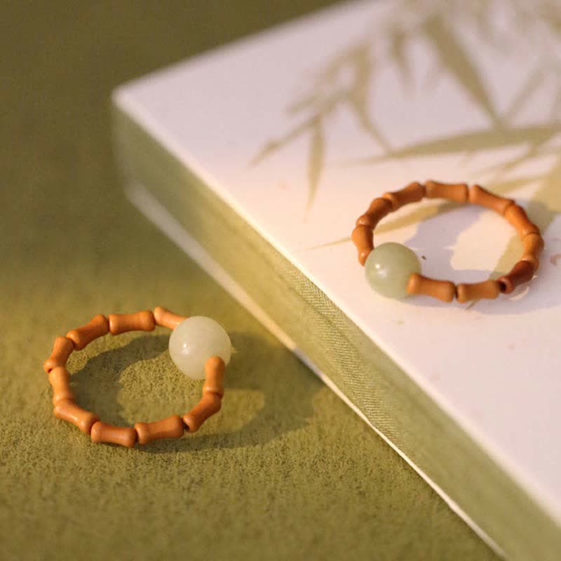 Bague porte-bonheur ajustable en jade Hetian et bambou