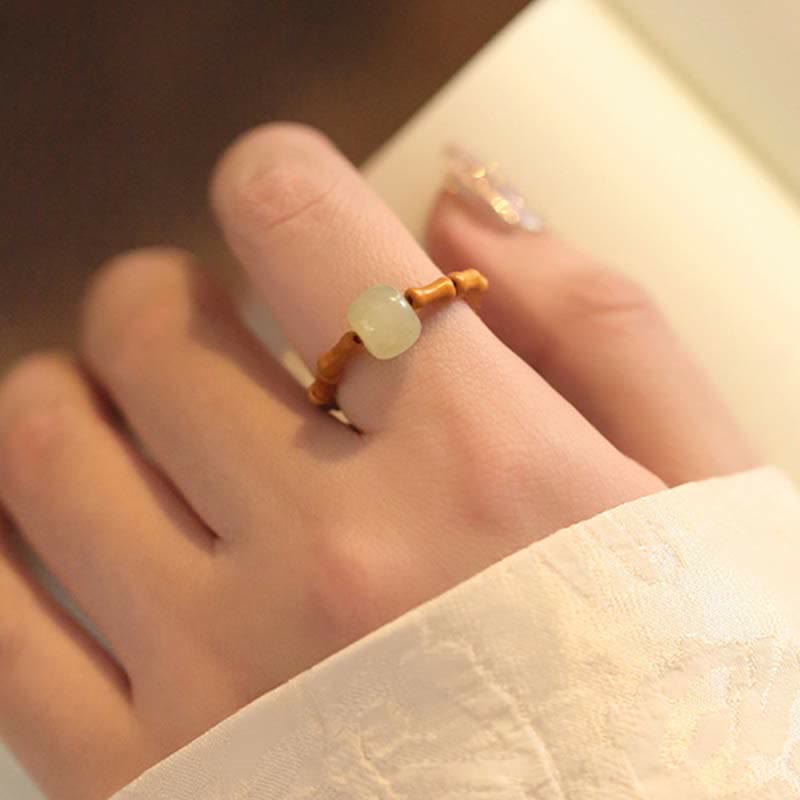 Bague porte-bonheur ajustable en jade Hetian et bambou