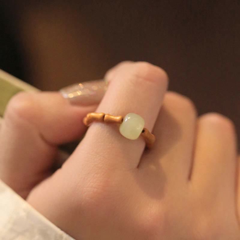 Bague porte-bonheur ajustable en jade Hetian et bambou
