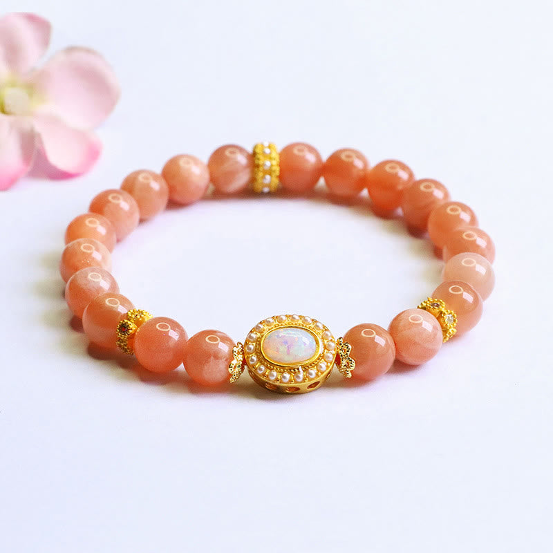 Bracelet réglable en pierre de lune pêche pour femme, équilibre apaisant