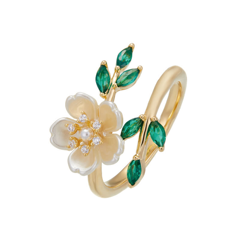 Bague ajustable en cuivre et zircone avec fleur de perle pour le bonheur et la richesse