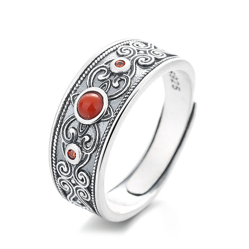 Bague ajustable en argent sterling 925 avec agate rouge | Pensée logique