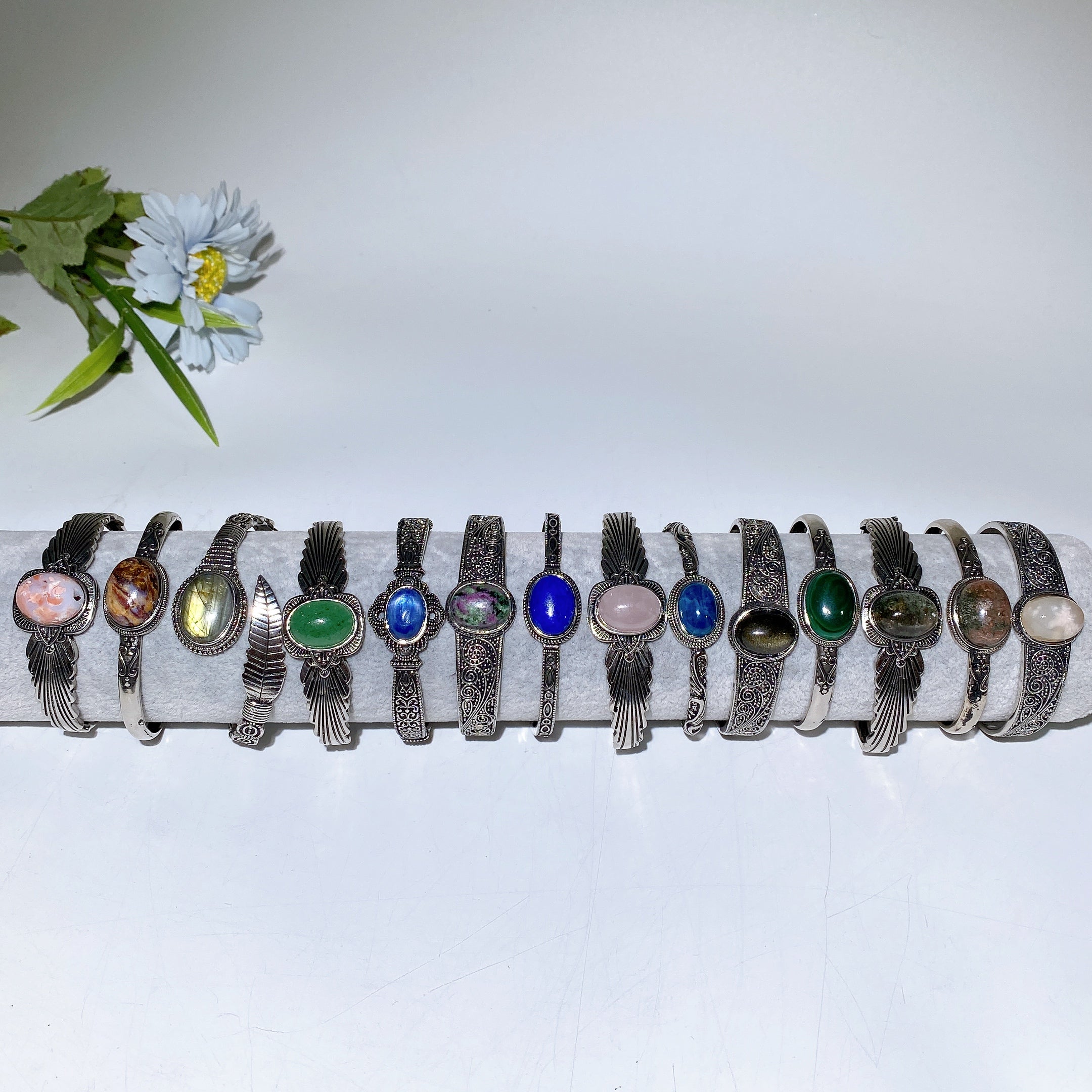 Adjustable Silver Crystal Bangle with Healing Gemstones