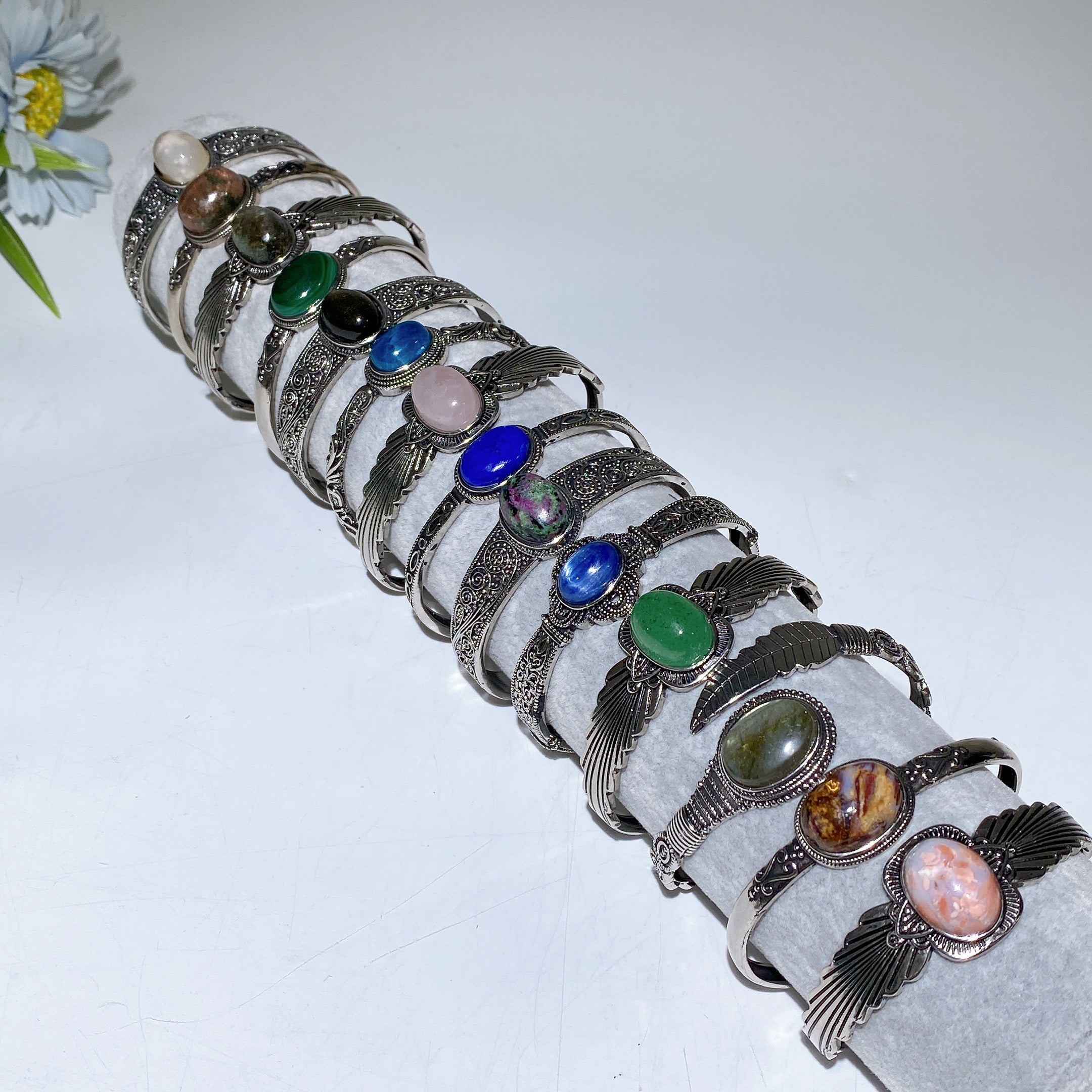 Adjustable Silver Crystal Bangle with Healing Gemstones