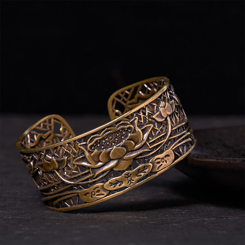 Bracelet jonc réglable en cuivre plaqué argent avec motif lotus