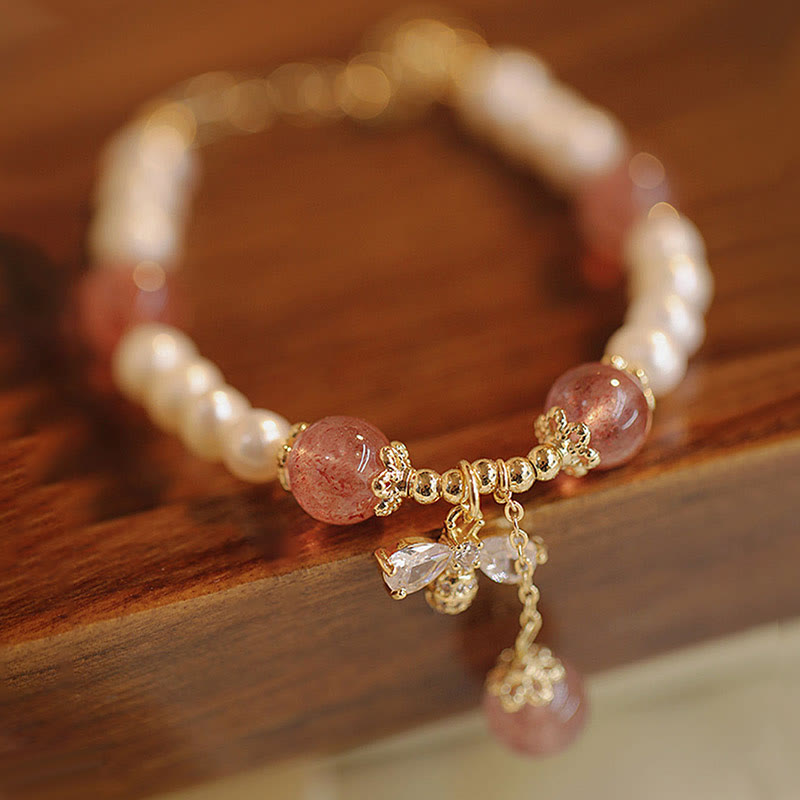 Bracelet de guérison en quartz fraise avec breloque abeille