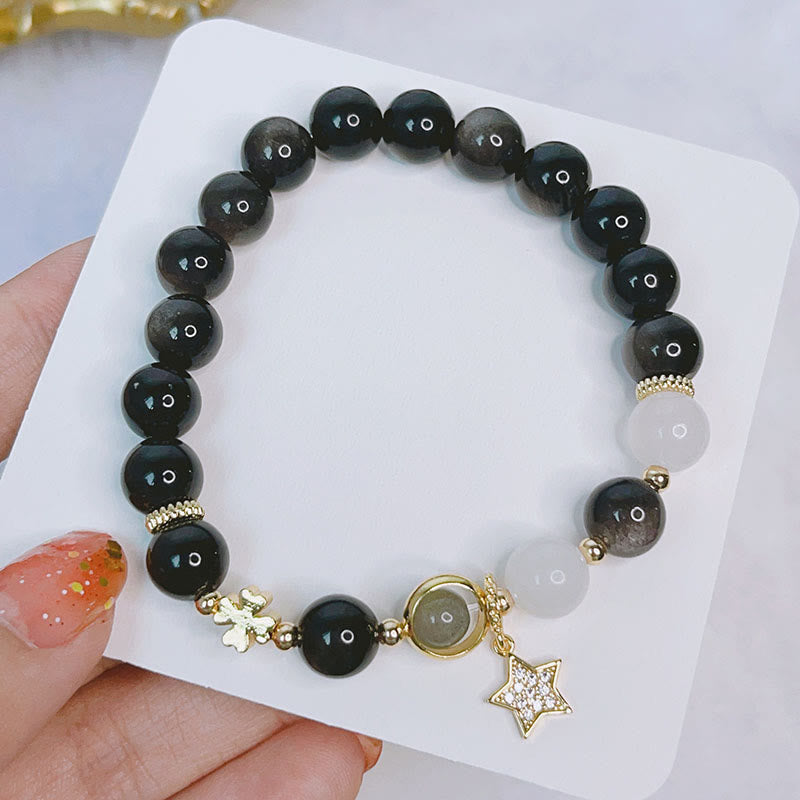 Bracelet de protection en obsidienne argentée avec breloque cœur d'amour