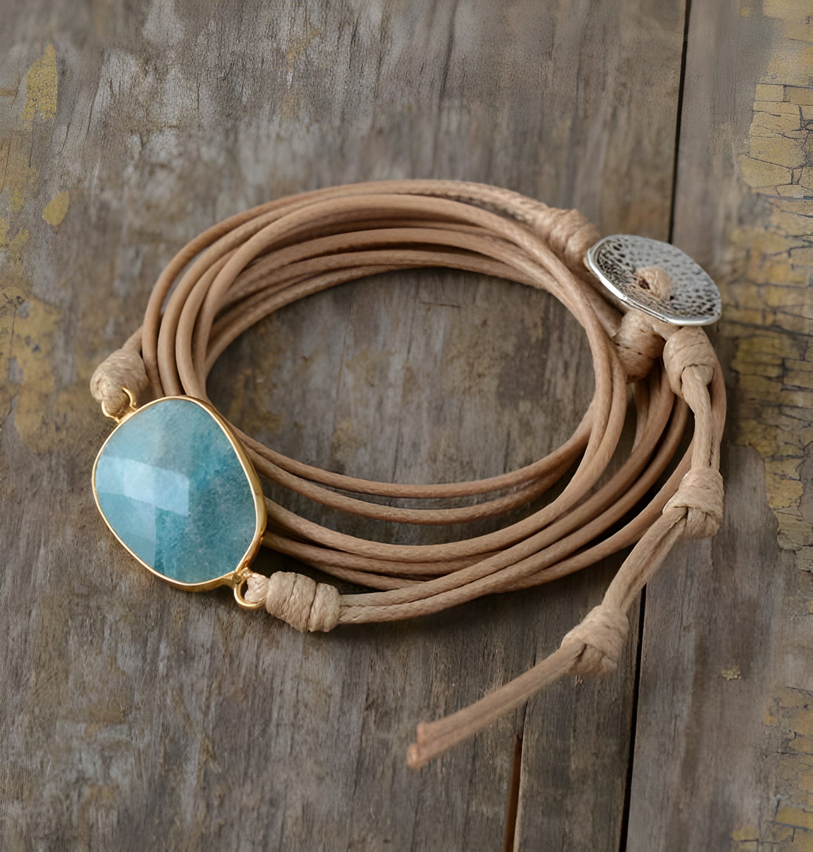 Bracelet en cuir et pierre d'amazonite pour l'équilibre