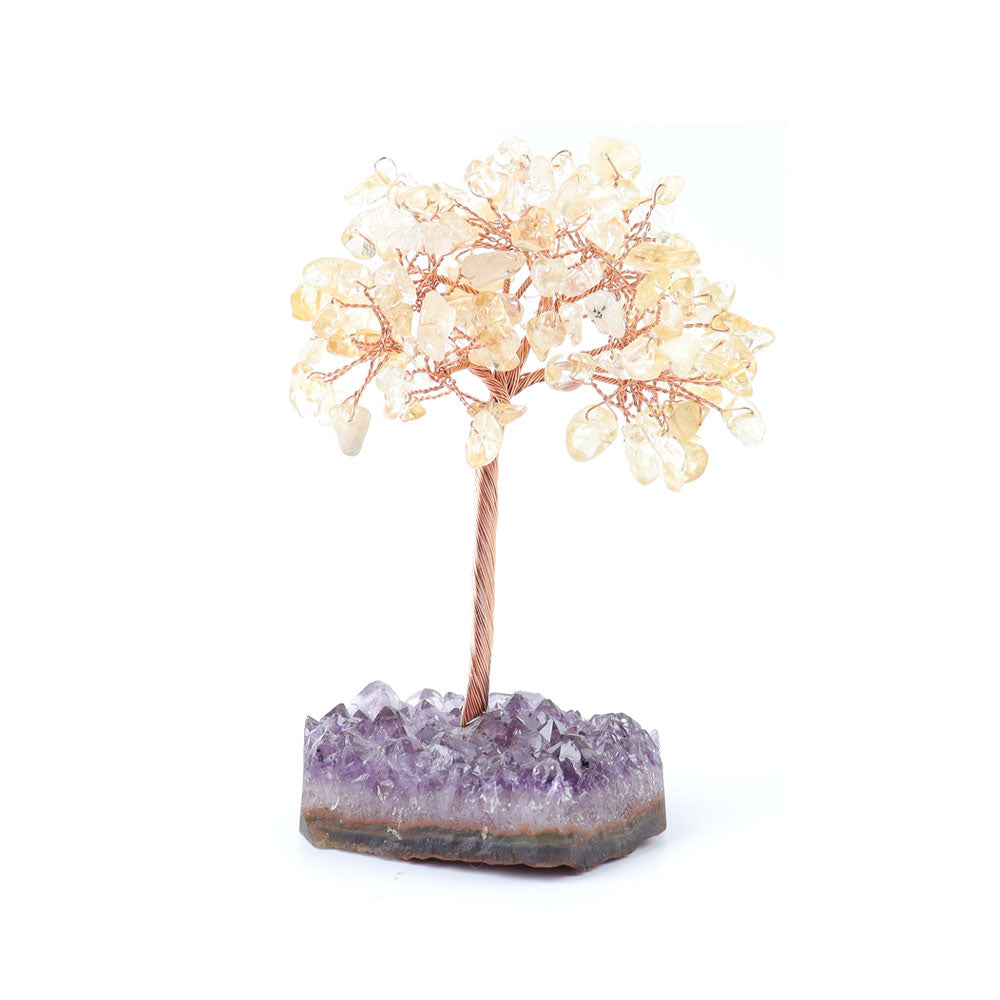 Arbre en cristal d'améthyste avec base en éclats de pierres précieuses 12 cm