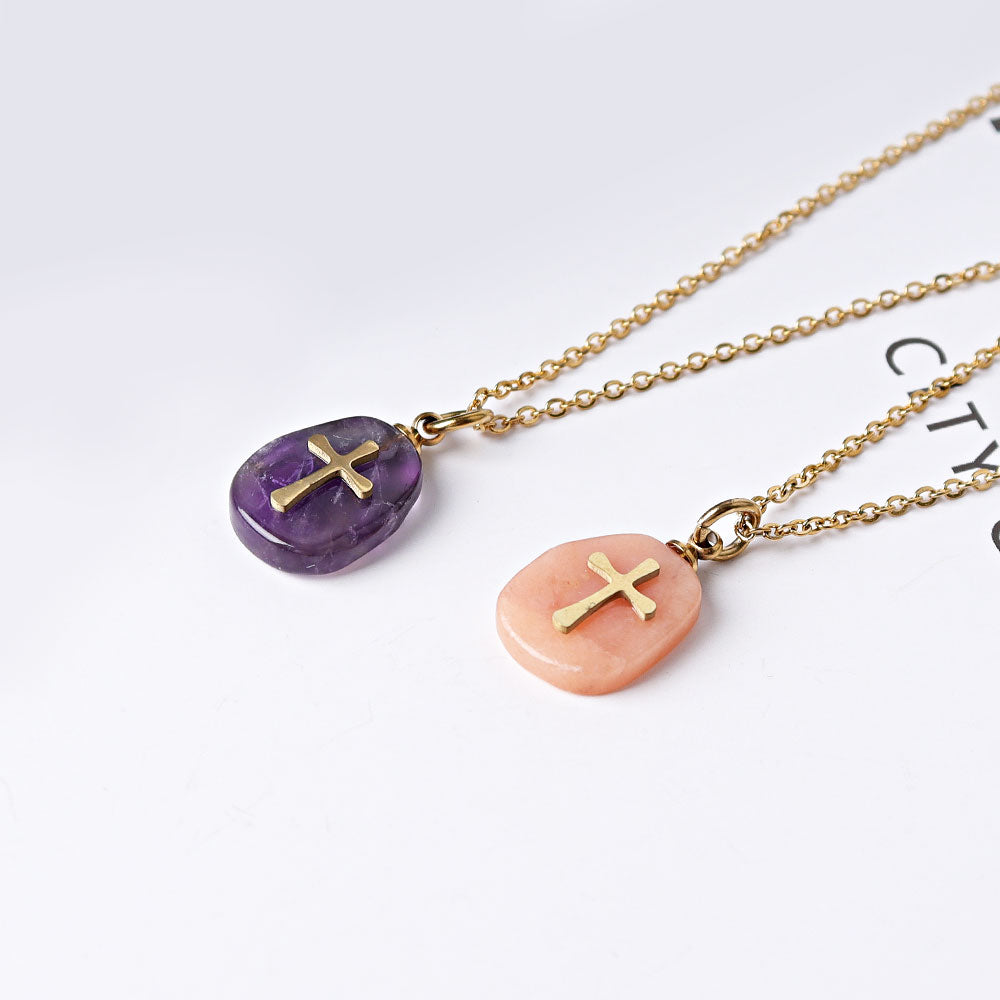 Amethyst Peach Aventurine Necklace with Golden Cross Charm