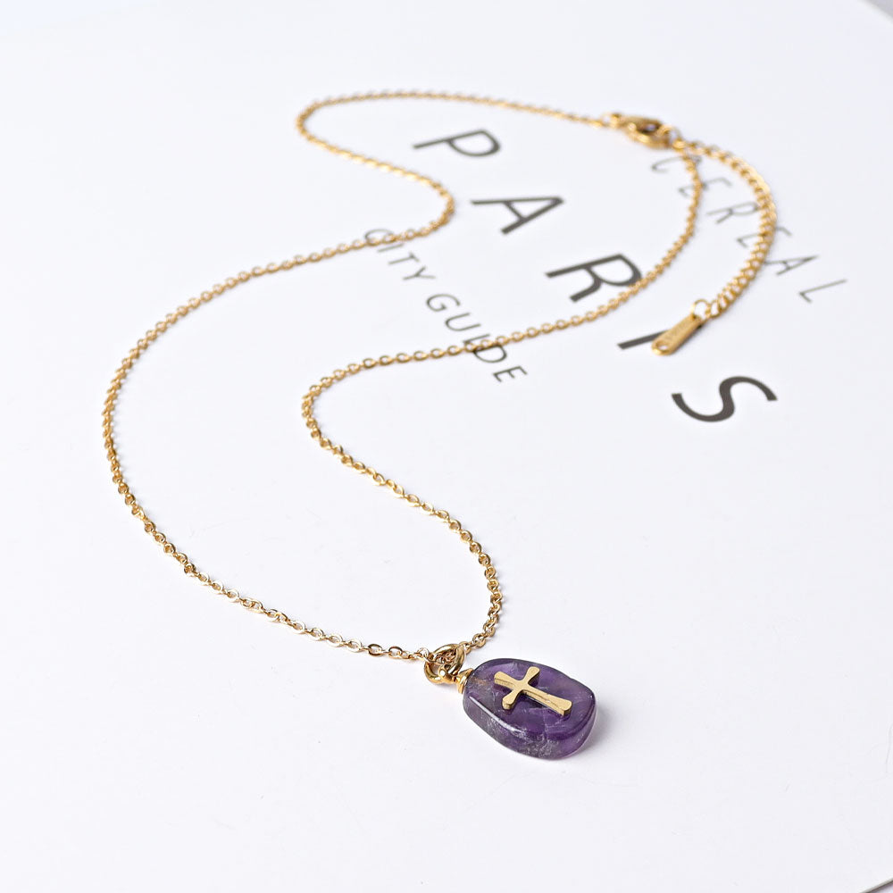 Amethyst Peach Aventurine Necklace with Golden Cross Charm