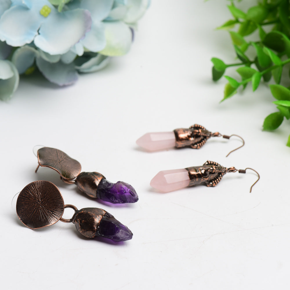 Boucles d'oreilles de guérison en cristal d'améthyste et de quartz rose