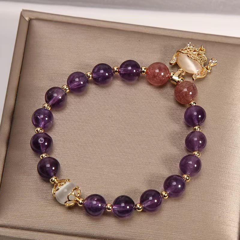 Bracelet de guérison œil de chat en améthyste et quartz fraise | Breloque de protection