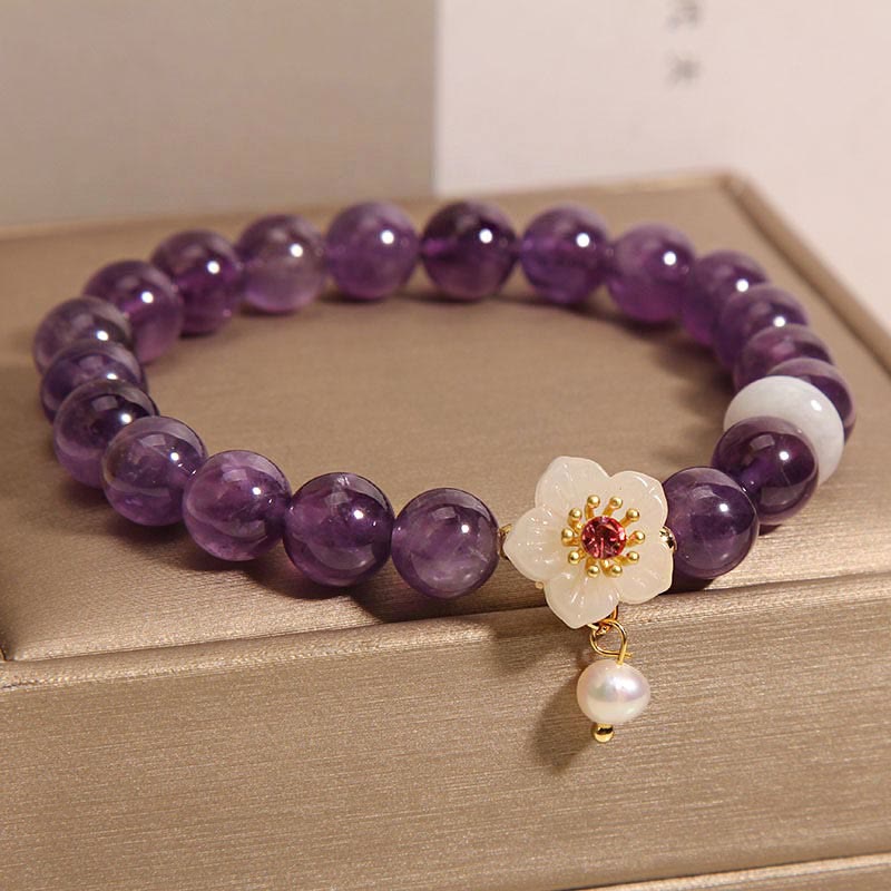 Bracelet d'équilibre en perles d'agate blanche et améthyste pour poignet de 14 à 17 cm