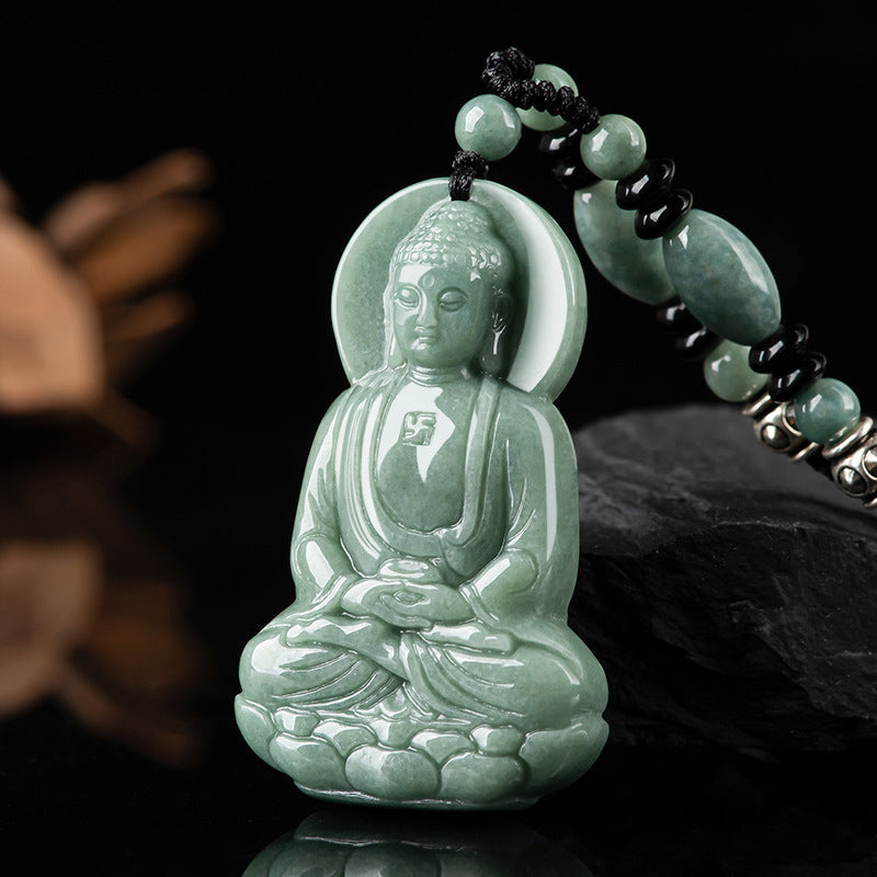 Collier amulette en jade du Bouddha Amitabha, symbole de compassion