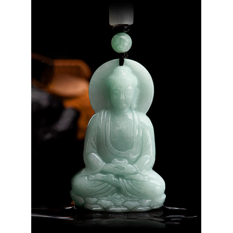 Collier amulette en jade du Bouddha Amitabha, symbole de compassion