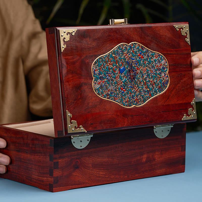 Coffret de rangement pour bijoux fait main en bois de santal rouge antique et palissandre