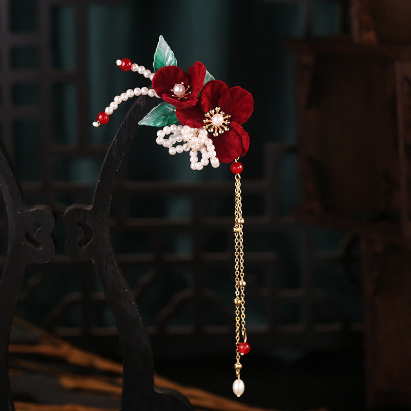 Ensemble d'épingles à cheveux chinoises à pompons et fleurs rouges antiques