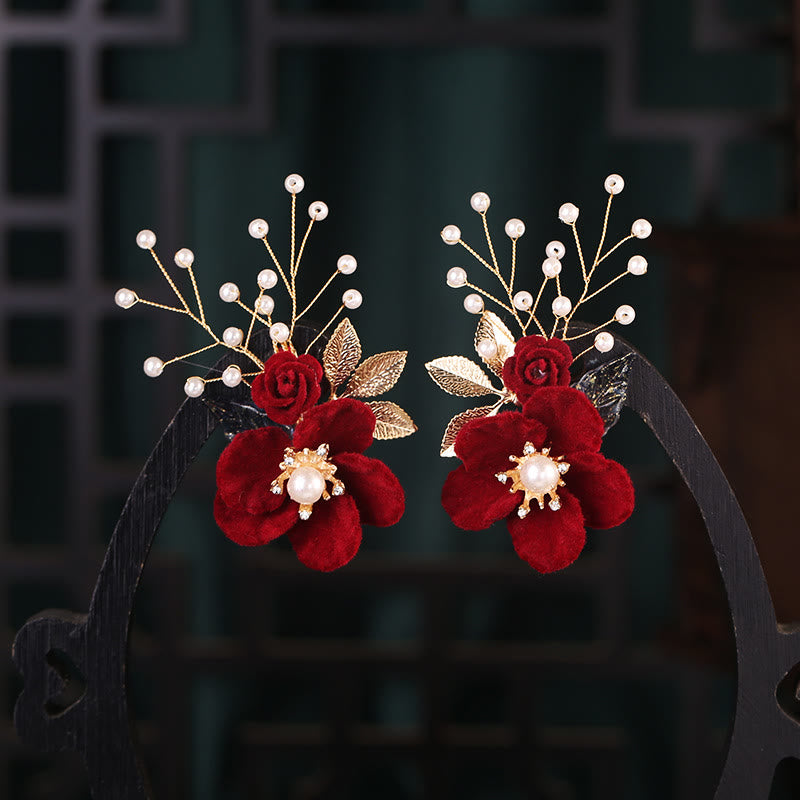 Ensemble d'épingles à cheveux chinoises à pompons et fleurs rouges antiques