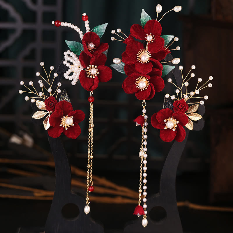 Ensemble d'épingles à cheveux chinoises à pompons et fleurs rouges antiques