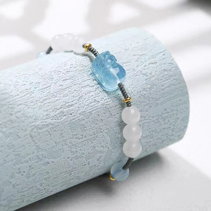 Bracelet Pixiu en aigue-marine et jade blanc pour la richesse et la sérénité