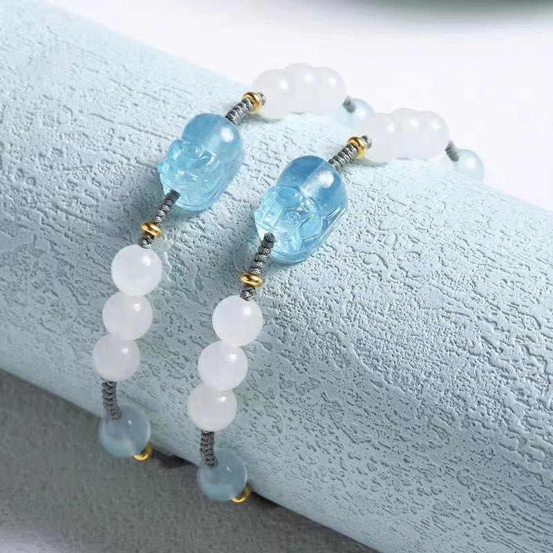 Bracelet Pixiu en aigue-marine et jade blanc pour la richesse et la sérénité