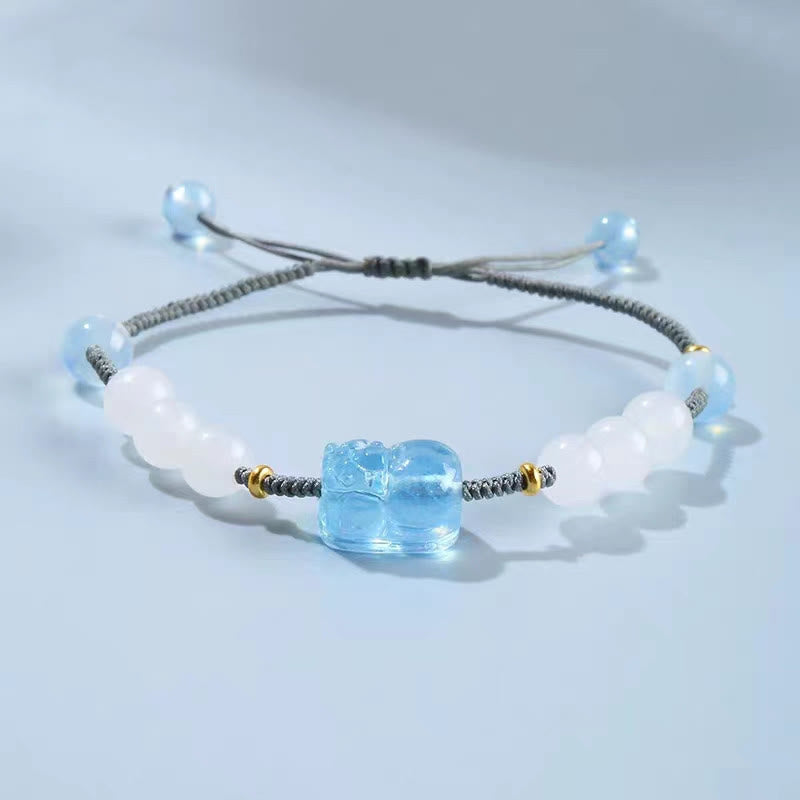 Bracelet Pixiu en aigue-marine et jade blanc pour la richesse et la sérénité