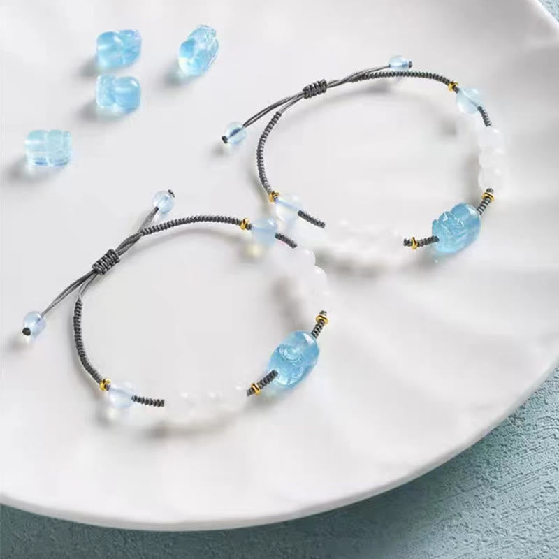 Bracelet Pixiu en aigue-marine et jade blanc pour la richesse et la sérénité