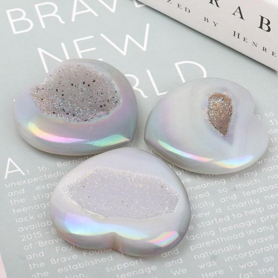 Ensemble de 3 pierres en forme de cœur en agate druzy en cristal Aura Angel