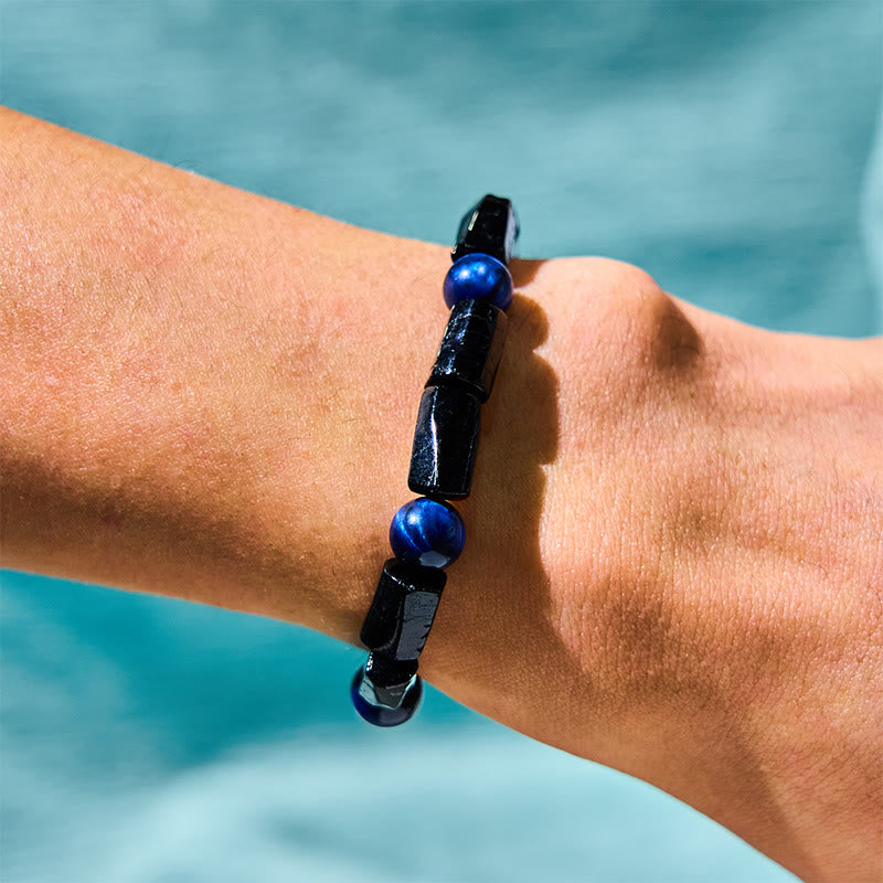 Bracelet de force authentique en œil de tigre bleu et tourmaline noire