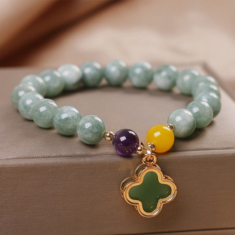 Bracelet porte-bonheur ajustable en jade avec trèfle à quatre feuilles pour la prospérité