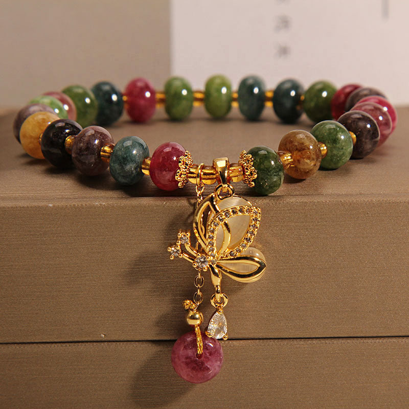 Bracelet à breloques papillon en tourmaline colorée