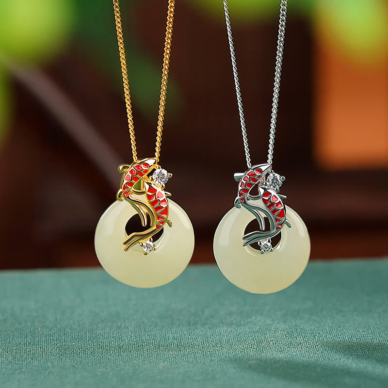 Collier avec pendentif en jade Hetian et poisson Koi, boucle de paix