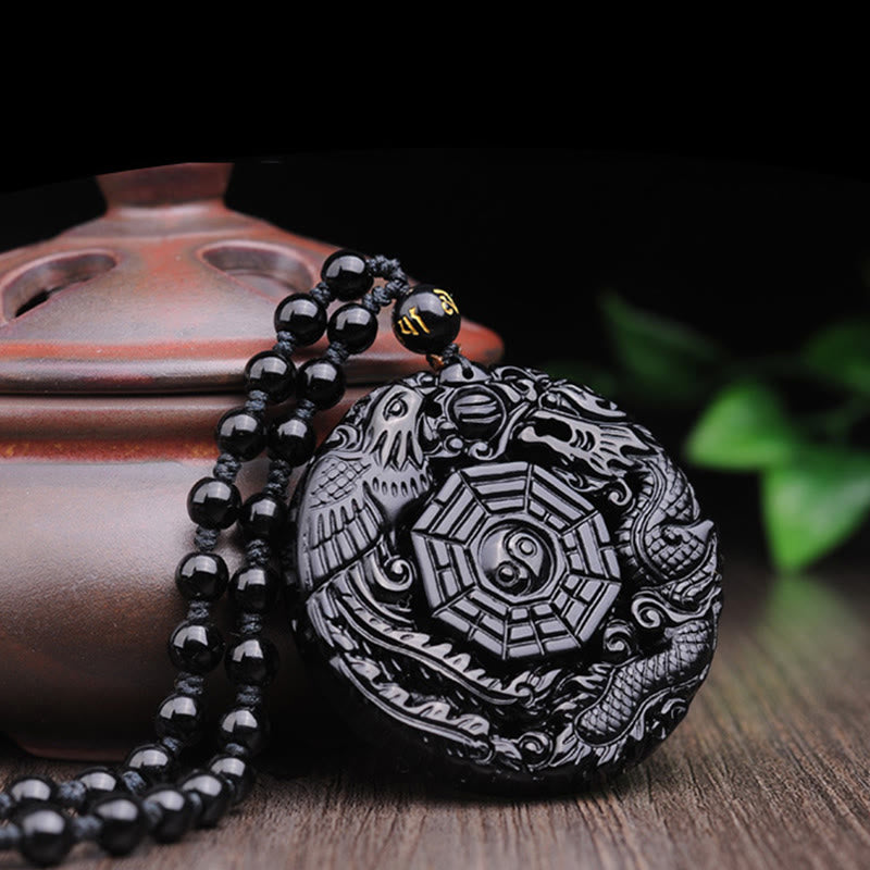 Collier pendentif en obsidienne Bagua Dragon Phoenix Accomplissement