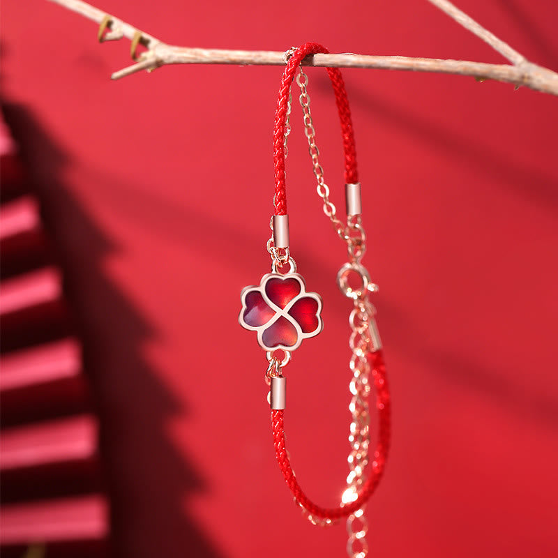 Color-changing Four Leaf Clover Red String Bracelet in 925 Silver for Luck