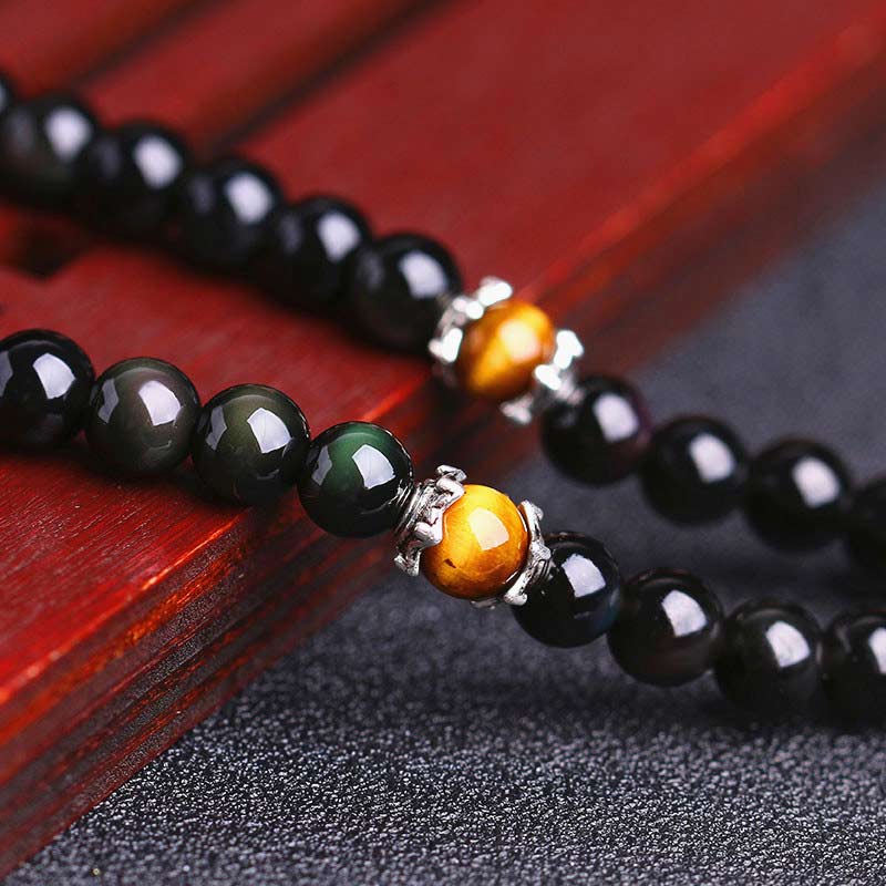 Bracelet 108 perles en obsidienne noire œil de tigre signe du zodiaque chinois